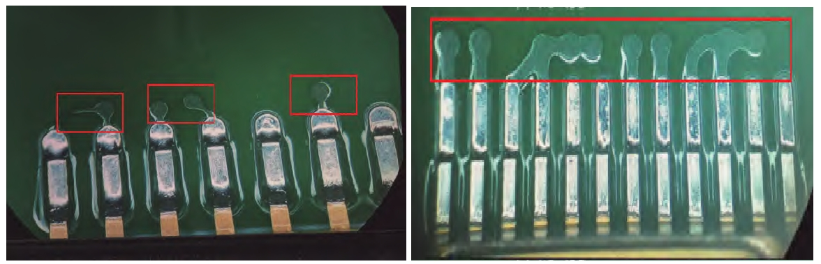圖1 三防漆在PCBA上的拒潤(rùn)濕缺陷
